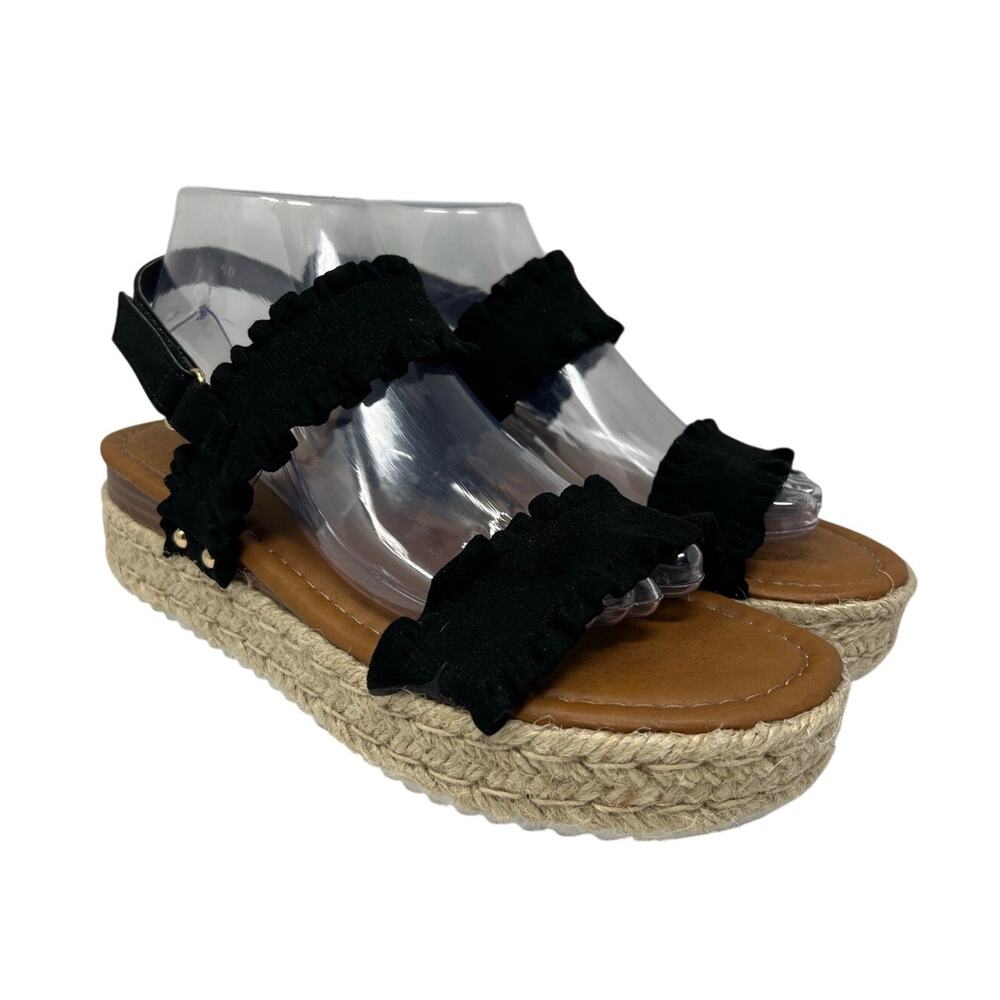 Natural Reflections Black Ruffle Espadrille Slingback Sandals 10